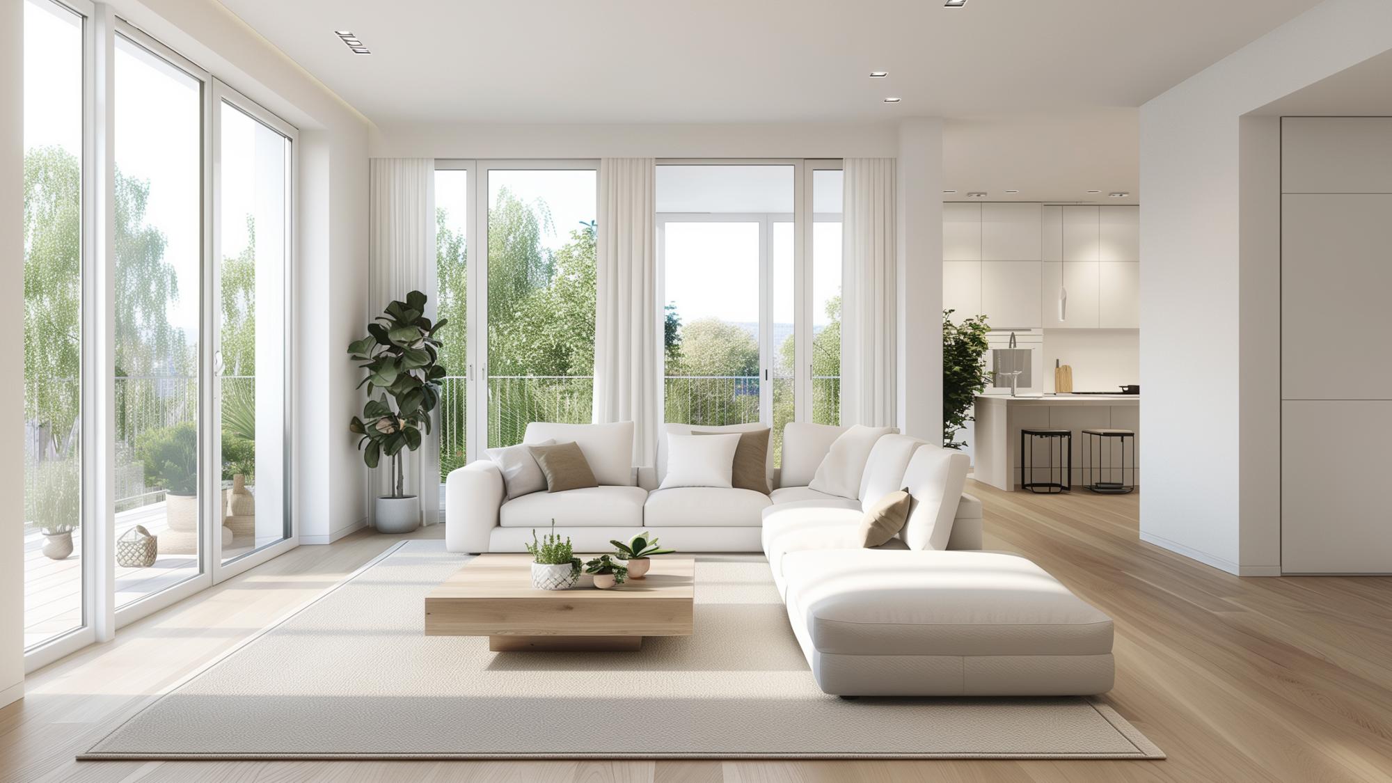 A modern and spacious living room featuring a white sectional sofa with cushions, a wooden coffee table on a light area rug, large windows letting in natural light, and greenery visible outside. The adjacent area shows a minimalist kitchen in a bright setting.