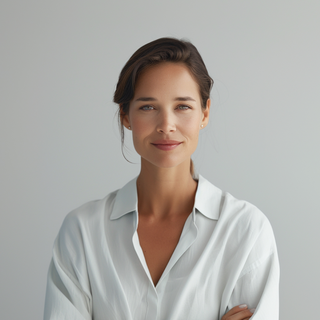A woman with long, wavy hair, wearing a white button-up shirt, smiles confidently against a light gray background.
